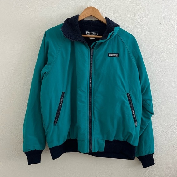 Vintage 90s Lands' End Fleece Lined Jacket Teal Navy Blue Pockets Winter Size L - Picture 1 of 16